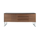 Walnut sideboard, chrome-plated steel and black glass top