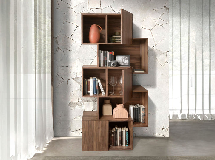 Walnut wood shelving unit with doors