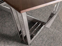 Mesa comedor ovalada barril nogal y acero cromado