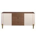Chest of drawers in walnut, beige, polished gold steel and walnut top