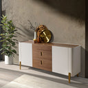 Chest of drawers in walnut, beige, polished gold steel and walnut top