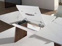 Mesa comedor extensible ovalada barril mármol porcelánico y nogal