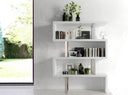 estantería modular blanca con estructura metálica cromada y diseño geométrico moderno