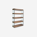 estantería vertical de cinco niveles con repisas de madera nogal y laterales de cristal templado