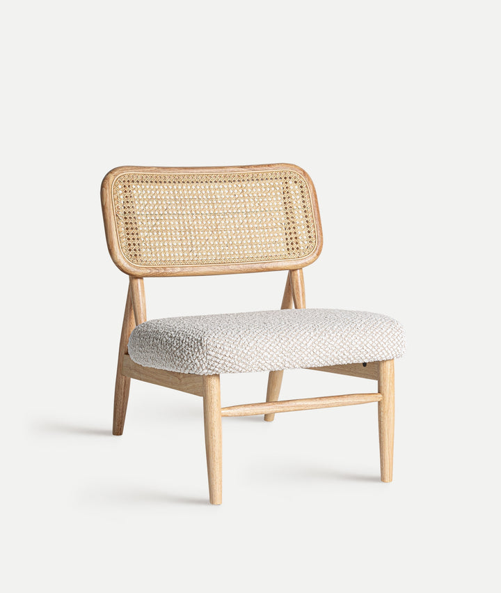 GLASSUE wooden and rattan chair with upholstered seat in white polyester