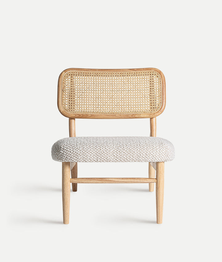 GLASSUE wooden and rattan chair with upholstered seat in white polyester