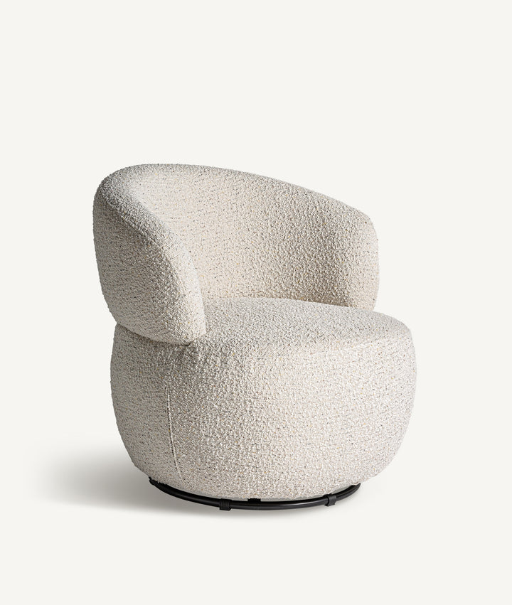 VAYRES swivel armchair upholstered in white bouclé, minimalist style