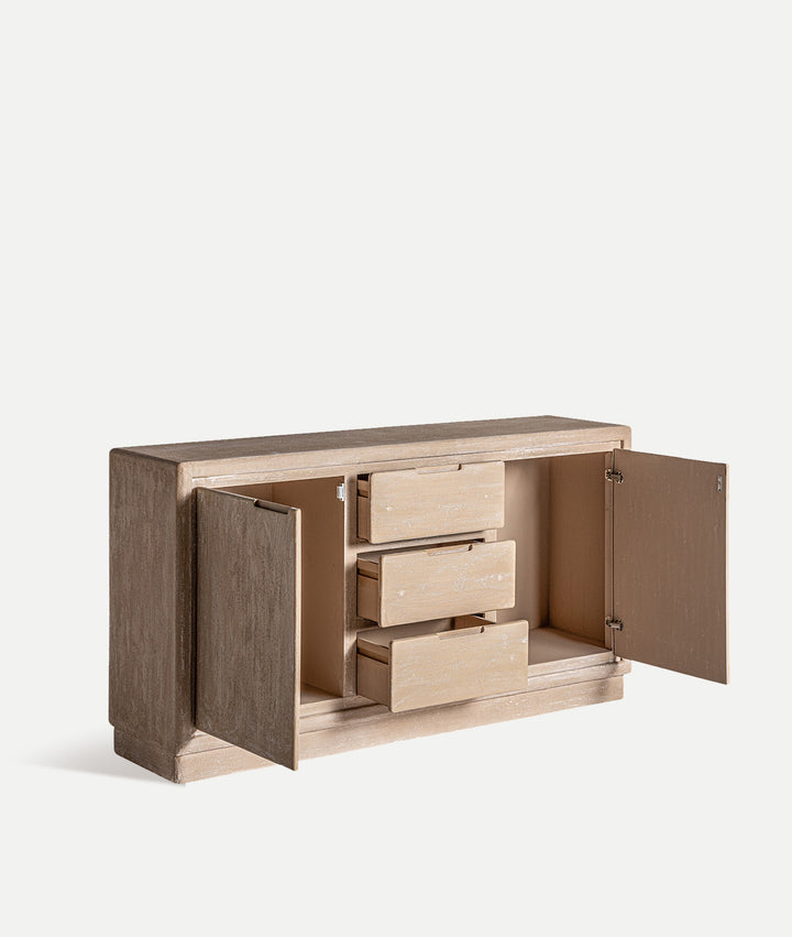 WERLE light brown sideboard in wood, rectangular structure includes large doors and drawers