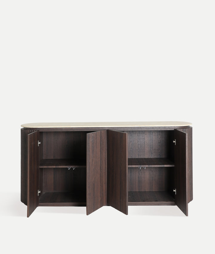 VERONA SIDEBOARD in dark wood and synthetic marble, with clean lines and fluted texture