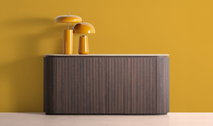 VERONA SIDEBOARD in dark wood and synthetic marble, with clean lines and fluted texture