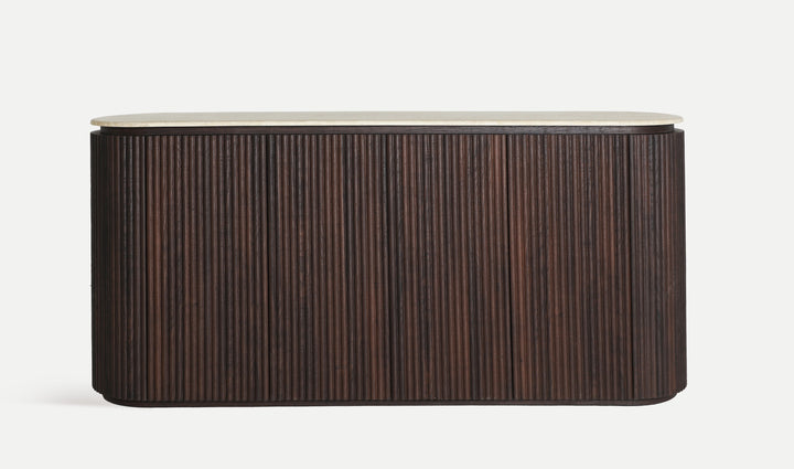 VERONA SIDEBOARD in dark wood and synthetic marble, with clean lines and fluted texture