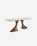 Mesa comedor ovalada barril mármol porcelánico y nogal, foto de producto