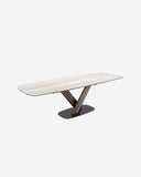 Mesa comedor extensible ovalada barril mármol porcelánico y acero color marrón oscuro metalizado