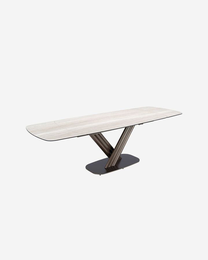 Mesa comedor extensible ovalada barril mármol porcelánico y acero color marrón oscuro metalizado