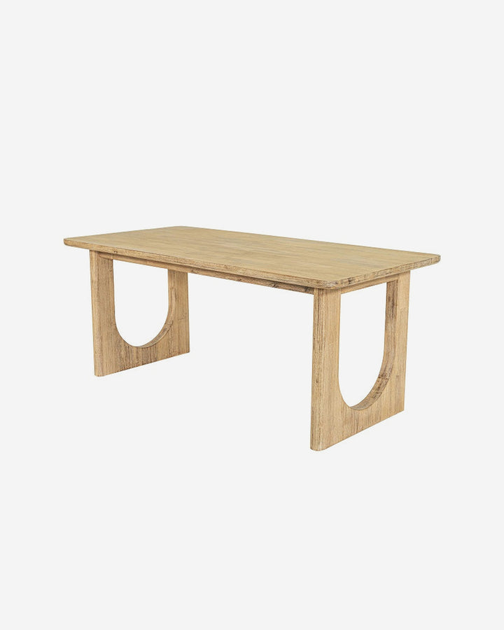 Mesa de comedor rectangular de madera maciza natural con base de arco calado, 180 x 90 cm, foto de producto