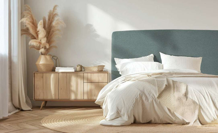 Cama tapizada con cabecero de esquinas redondeadas y base de muelles ensacados de 16 cm – otra vista de ambiente