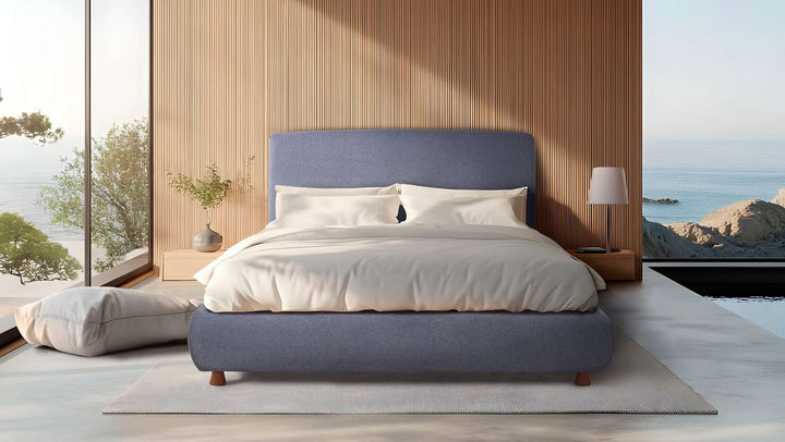 Cama tapizada con cabecero de esquinas redondeadas y base rígida de 6 cm – ambiente