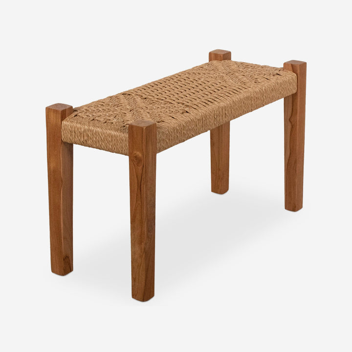 Bench upholstered in natural rope with solid wood legs