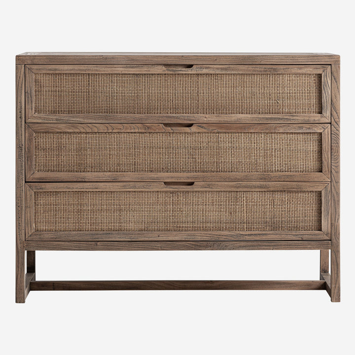 Cómoda de madera de olmo y ratán en color marrón