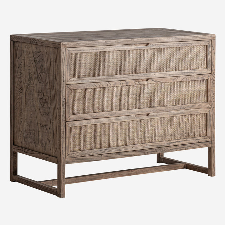 Cómoda de madera de olmo y ratán en color marrón