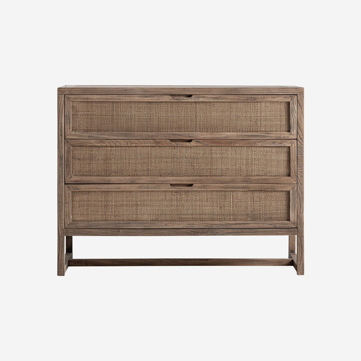 Cómoda de madera de olmo y ratán en color marrón