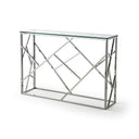 Consola rectangular de cristal y acero plateado con estructura de barras cruzadas, 120 x 40 cm, foto de producto