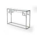 Consola rectangular de cristal y acero plateado con estructura de greca, 120 x 40 cm, foto de producto