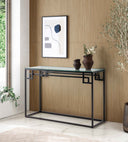 Consola rectangular de cristal y acero negro, 120 x 40 cm en ambiente decorado