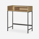 Consola rectangular de roble laminado natural y patas de metal, 120 x 40 cm x 90 cm de alto sobre fondo gris de estudio