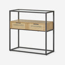 Consola rectangular de chapa de roble natural y patas de metal, 120 x 35 cm sobre fondo gris de estudio