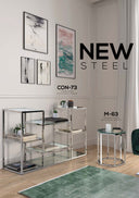 Consola rectangular de cristal plateada, 140 x 40 cm en ambiente decorado