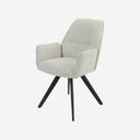 Silla tapizada en tela beige y patas de metal, 58 cm x 90 cm de alto sobre fondo gris de estudio
