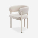 Silla tapizada en tela gris y patas de metal blanco, 58 cm x 75 cm de alto sobre fondo gris de estudio