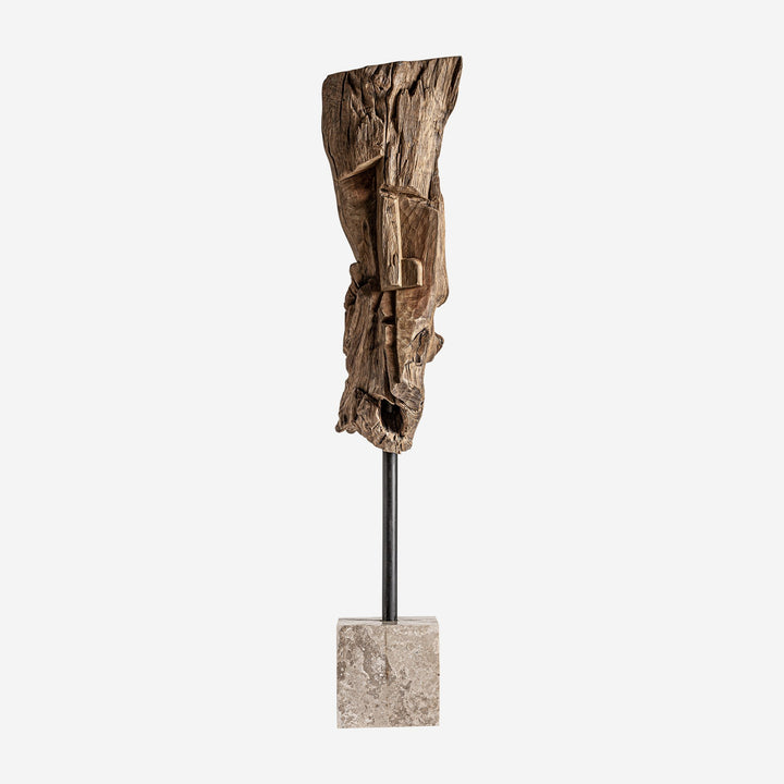 Escultura de madera tropical y piedra en color marrón envejecido