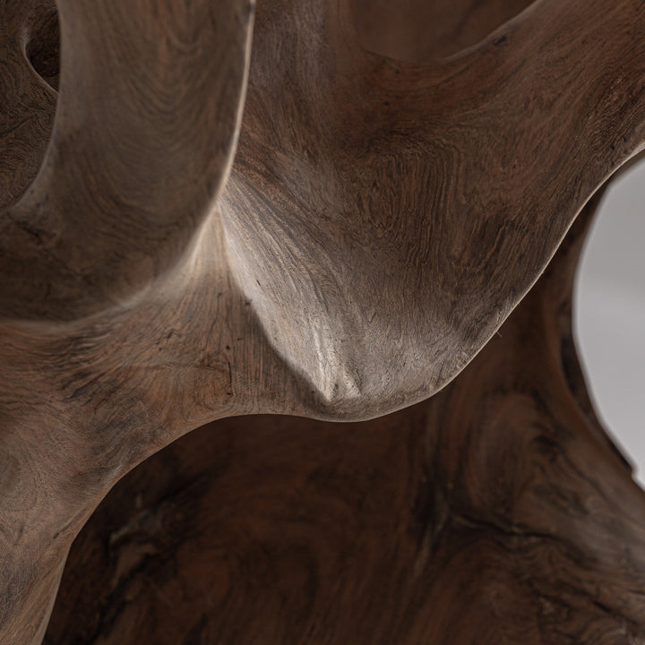 Escultura de suelo de madera de teca y hierro en color marrón – detalle