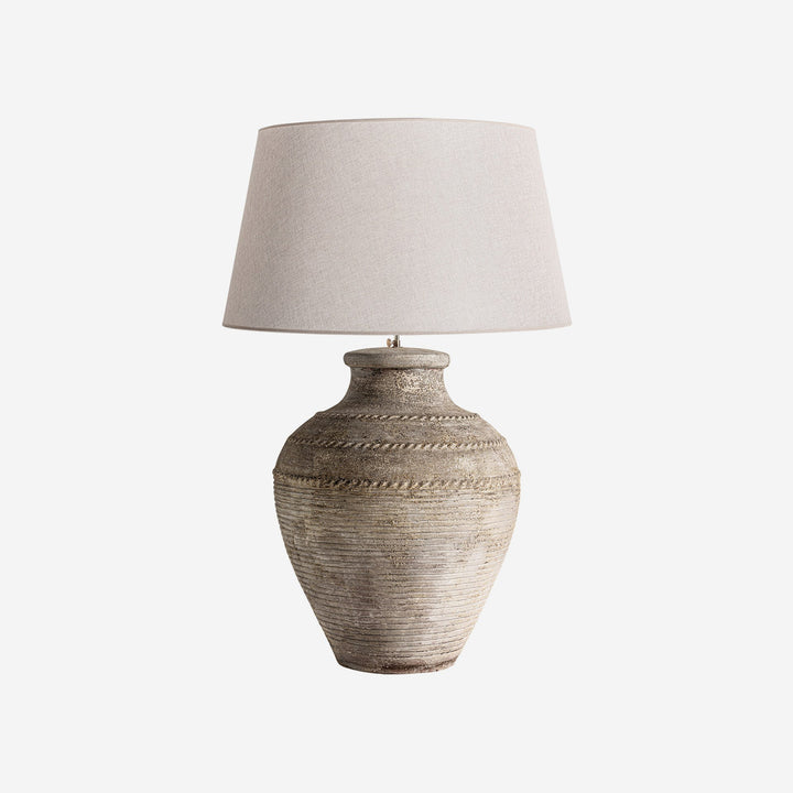Lámpara de mesa de terracota y lino en tonos claros