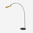 Lámpara de pie arqueada LED con aro dorado y acero negro sobre fondo gris de estudio (2)