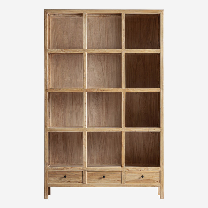 Librería modular de madera de olmo reciclado en color marrón claro