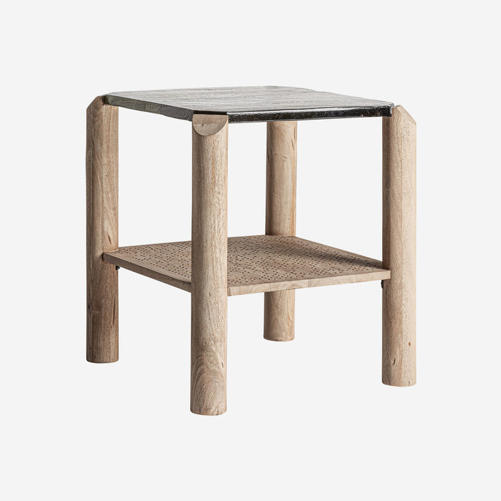 Mesa auxiliar de madera de mango y vidrio en color marrón claro