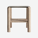 Mesa auxiliar de madera de mango y vidrio en color marrón claro – 60 x 60 x 65 cm