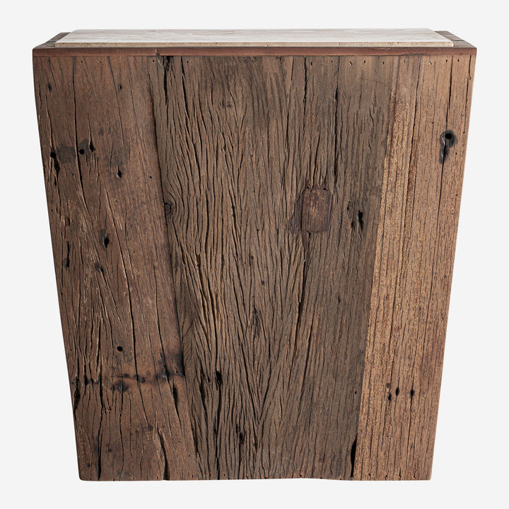 Mesa auxiliar de madera recuperada y travertino en color marrón envejecido