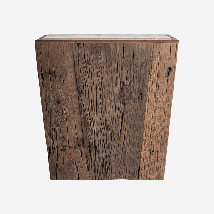 Mesa auxiliar de madera recuperada y travertino en color marrón envejecido