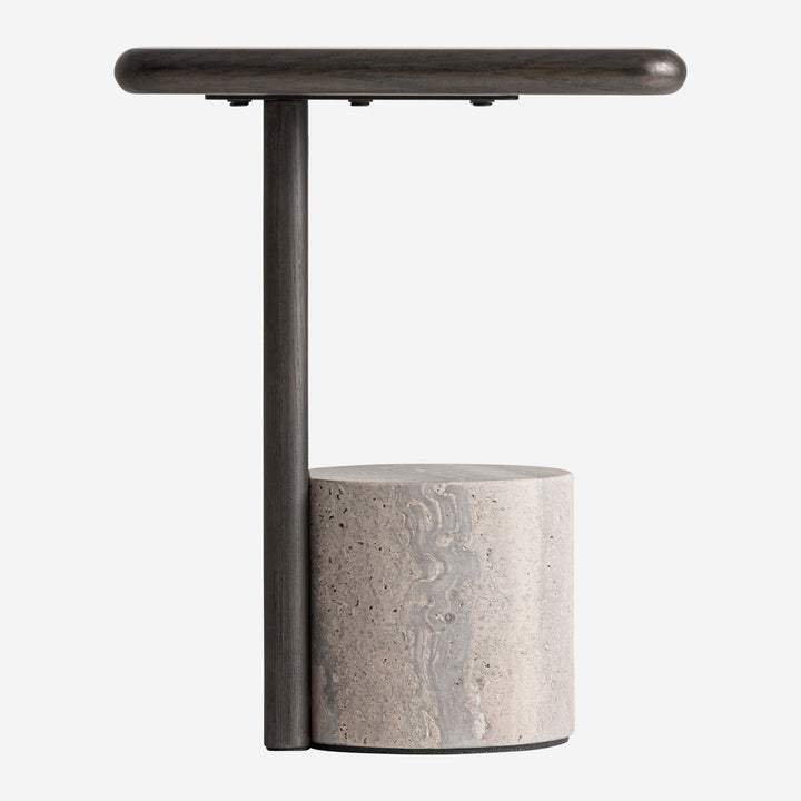 Mesa auxiliar de travertino y madera de fresno en color gris
