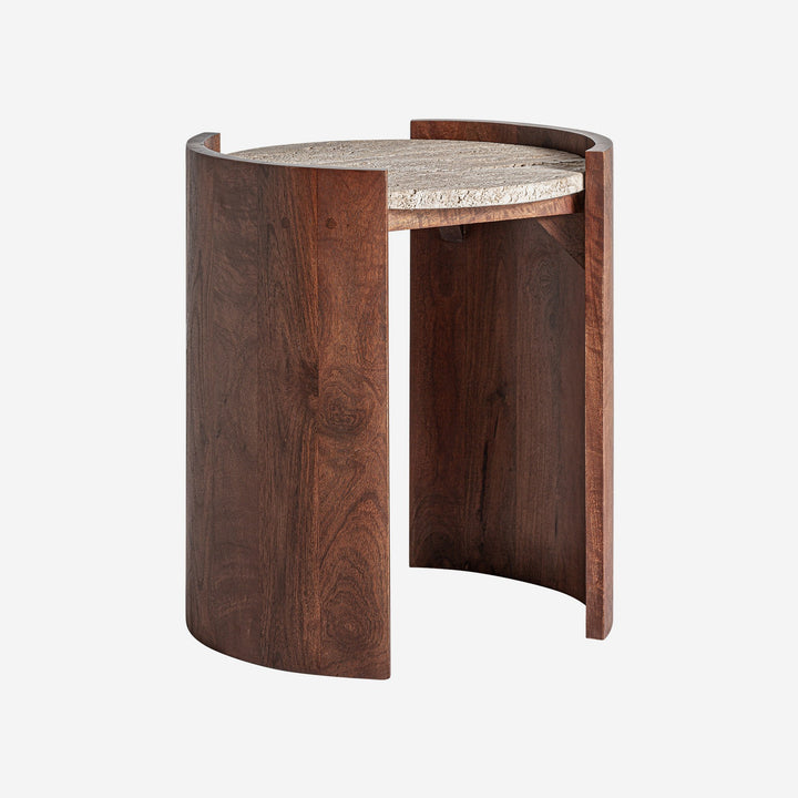 Mesa auxiliar de travertino y madera de mango en color beige mate 50 x 46 x 56 cm