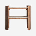 Mesa auxiliar de travertino y madera de mango en color beige mate 60 x 35 x 56 cm