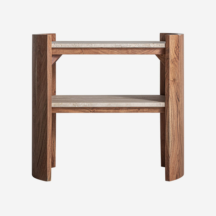 Mesa auxiliar de travertino y madera de mango en color beige mate 60 x 35 x 56 cm