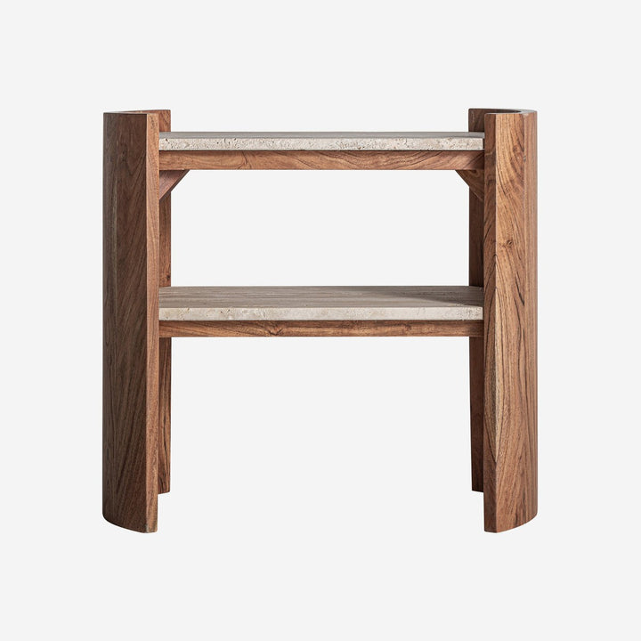 Mesa auxiliar de travertino y madera de mango en color beige mate 60 x 35 x 56 cm