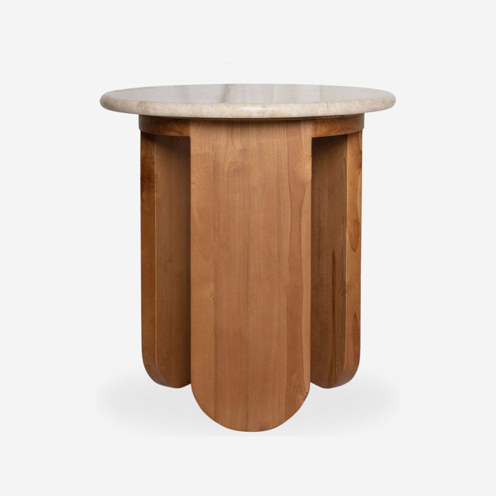 Round side table in natural marble with solid wood base, 40 x 45 cm