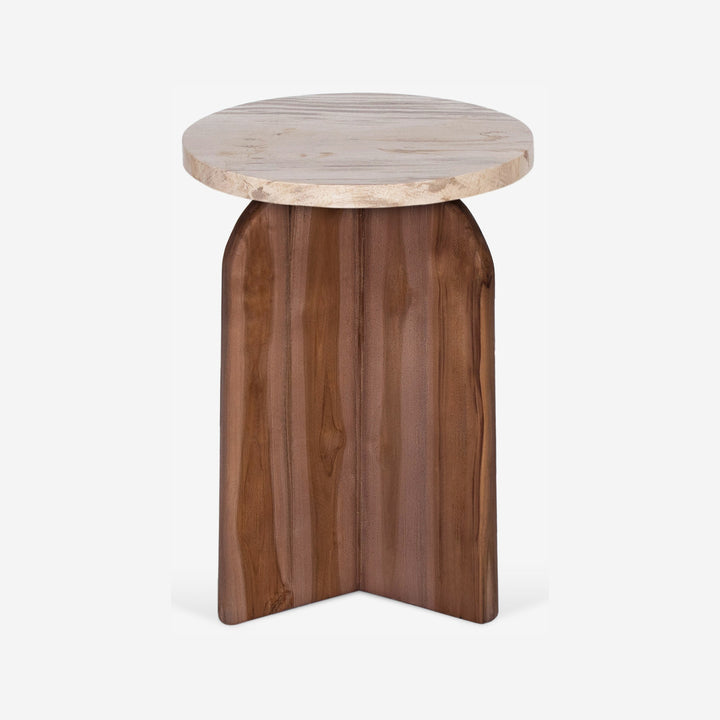 Round side table in natural marble with solid wood legs, 30 x 30 cm