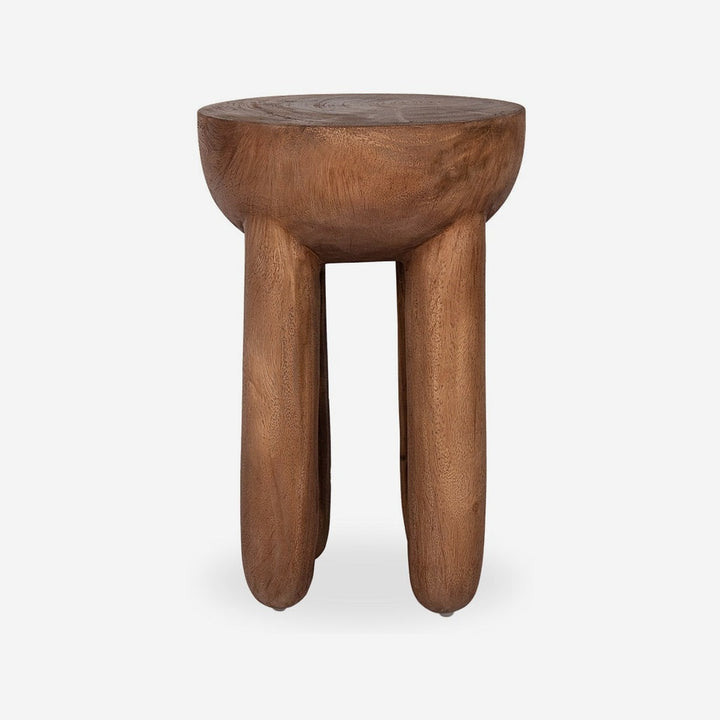 Mesa auxiliar redonda de madera maciza nogal con tres patas talladas